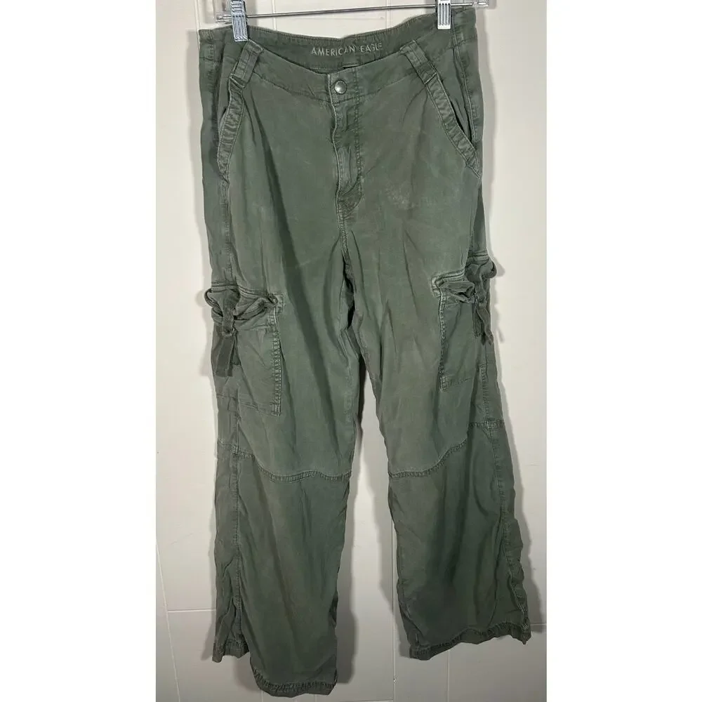American Eagle High Rise Baggy Cargo Pants Women 10 Green Y2K Streetwear Casual - Picture 2 of 9